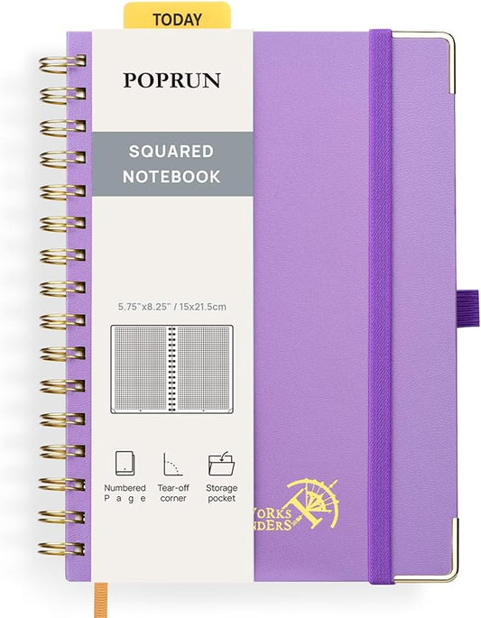 POPRUN Graph Paper Spiral Journal Notebook, [A5-5.75'' x 8.25''] - 120 GSM Thick Paper, 141 Numbered Pages, Grid Notebooks for Men & Women with Pocket, Index Tabs, 8 Perforated Sheets,Violet