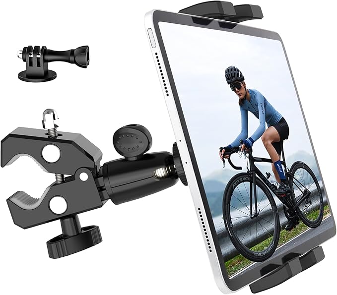 Bike Tablet Holder, Metal Motorcycle Tablet Mount, Anti Shake Handlebar Clamp for iPad Pro 12.9/11/ Air/Mini, Galaxy Tabs, Z Fold, iPhone, Fits 4-13" Tablets, 1/4'' Screw Adapter for Camera