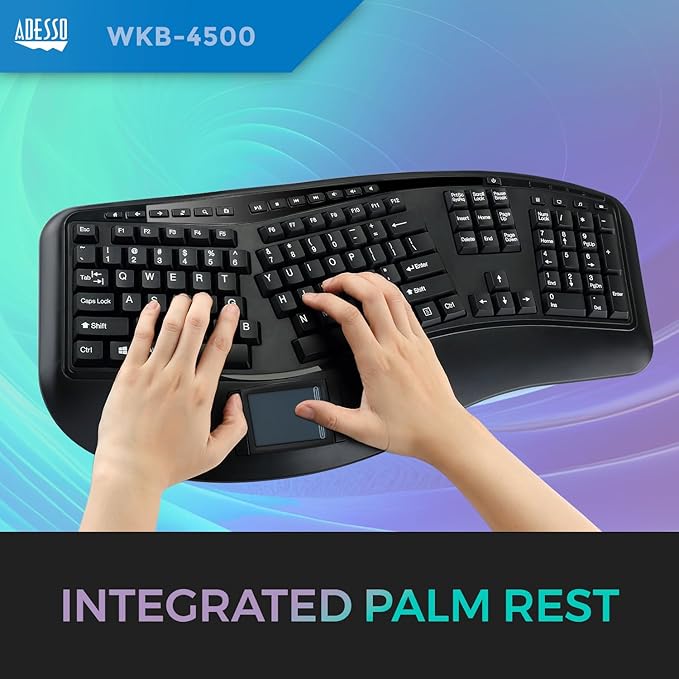 Adesso WKB-4500UB - Wireless Ergonomic Desktop Touchpad Keyboard, Split Keys Design, Palm Rest, Media Control Hotkeys, Long Battery Life - Compatible for Laptop/Desktop, Black