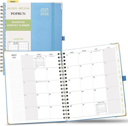 POPRUN Monthly Planner 2025-2026 Spiral Hardcover (8'' x 10''), 18 Months Calendar (Jul.2025 - Dec.2026)- 2 Pages per Month with Dotted Note Pages, Sunday Start, Laminated Tab - Haze Blue