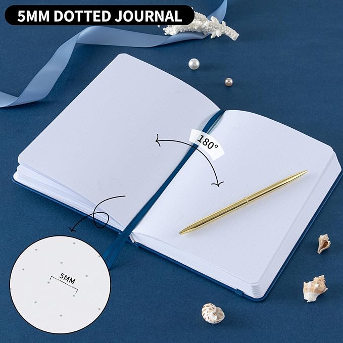 Dot Grid Journal with 160GSM Thick Paper, 192 Pages, A5 Dotted Notebook for Work, School, Travel | 180° Lay Flat, Foil Stamped Cover, Elastic Band, 2 Bookmarks & Inner Pocket,Dark Blue