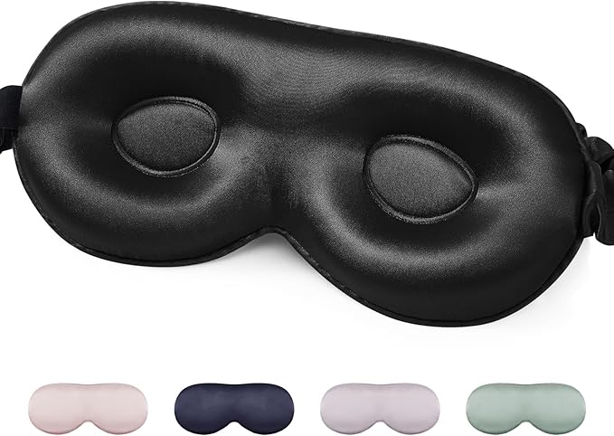 100% Mulberry Silk Sleep Mask for Unisex, 22 Momme 3D Silk Contoured Eye Mask, Breathable Light Blocking Blindfold with Adjustable Strap, Blackout Eye Cover for Travel, Black