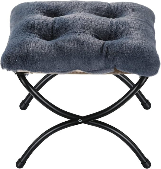 15" Foldable Foot Stool Ottoman with Metal Frame - Washable Faux Fur Navy Upholstered Indoor/Outdoor Footrest for Living Room, Bedroom, Patio - Space-Saving Compact Design