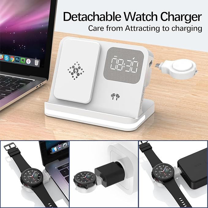 IHAO 3in1 Multi Functional Wireless Charging Station with Digital Alarm Clock 15W Fast Charge Night Light Wireless Charger for All Qi Phone and Earbud Headphone Compliant with i-Watch-B22 White