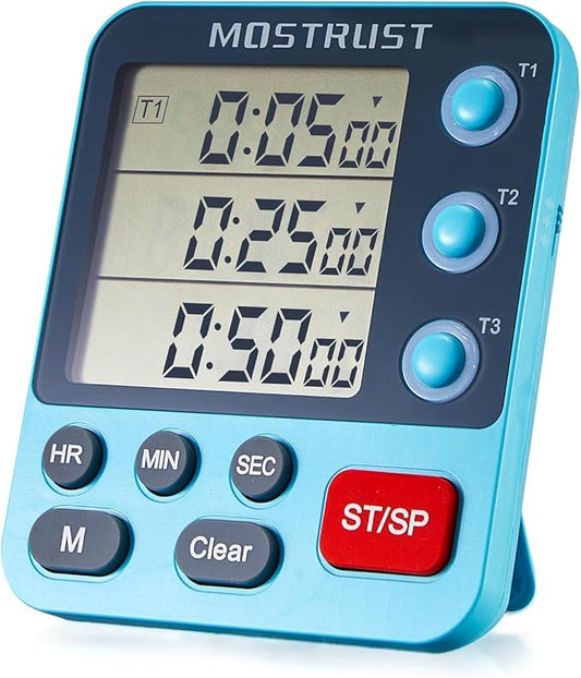 Digital Dual Kitchen Timer, 3 Channels Countdown Triple Timer for Cooking, Magnetic Memory-Preset Large-Display Adjustable Alarm Volume, Multi Times Management, 3A Battery Included, Blue