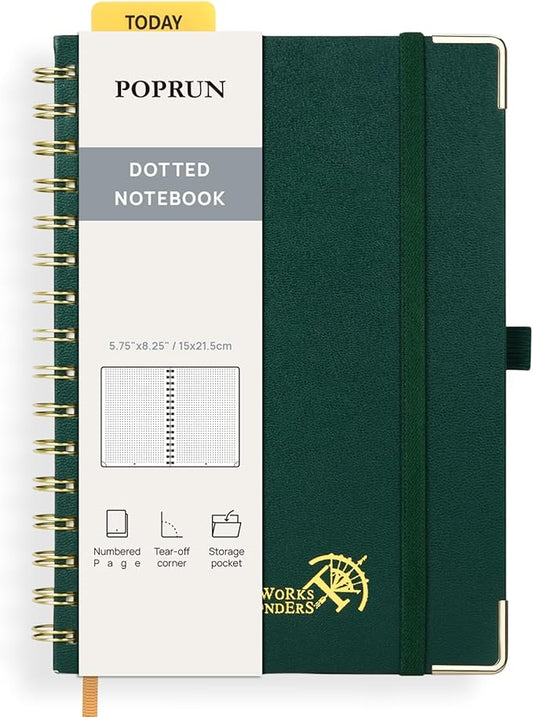 POPRUN Spiral Dotted Journal Notebook, [A5-5.75'' x 8.25''] - 120 GSM Thick Paper, 141 Numbered Pages, Hardcover for Men & Women with Pocket, Index Tabs, 8 Perforated Sheets, Dark Green