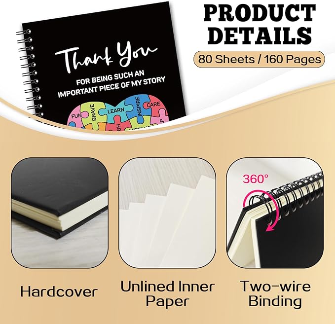 YAZMEEN Thank You Blank Spiral Notebook（160 Pages） Puzzle Hardcover Sketchbook Teacher Appreciation Gift Funny Notebook Birthday Gift for Teacher Family Friend Coworker Boss Mentor Coach Office Work
