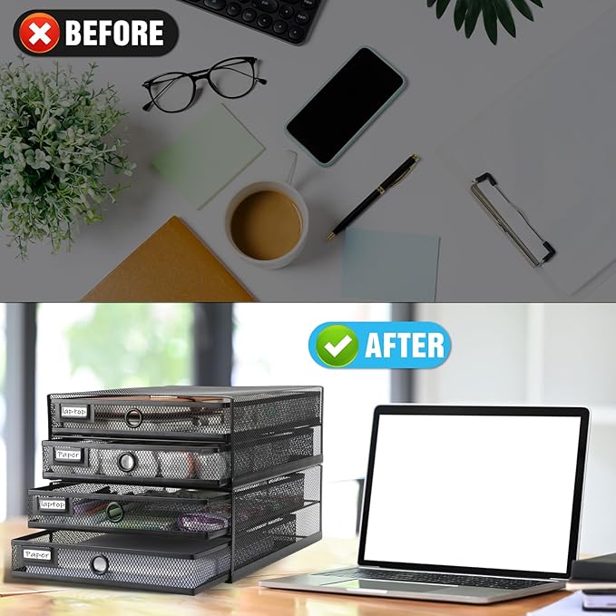 Zhanmai 2 Pack Desk Organizer with Drawer Total 4 Tiers, Wire Mesh Organizers Tray Multifunctional Paper Sorter File Stand for Home Office Supplies Storage Letter A4 Paper Office Accessories (Black)