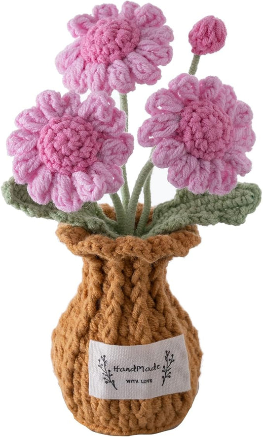 Handmade Crochet Flowers, 6 Inches Small Potted Plants, Knitted Desk Decorations for Home Office Decor (Daisies)