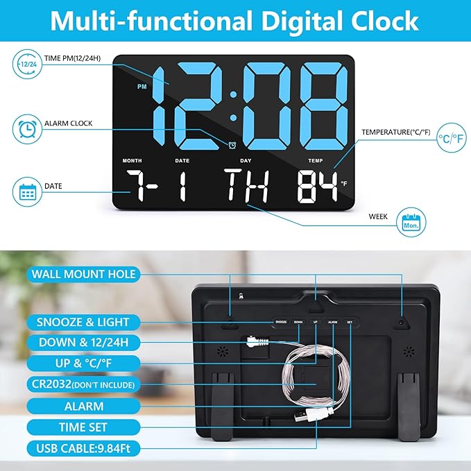 Amgico Digital Alarm Clock with Snooze, Temperature, Auto Dimming, 11.5" Large Display Calendar, Desk/Wall Clock for Bedroom, Living Room, Office, Home, Classroom, Kids, Elderly - Blue