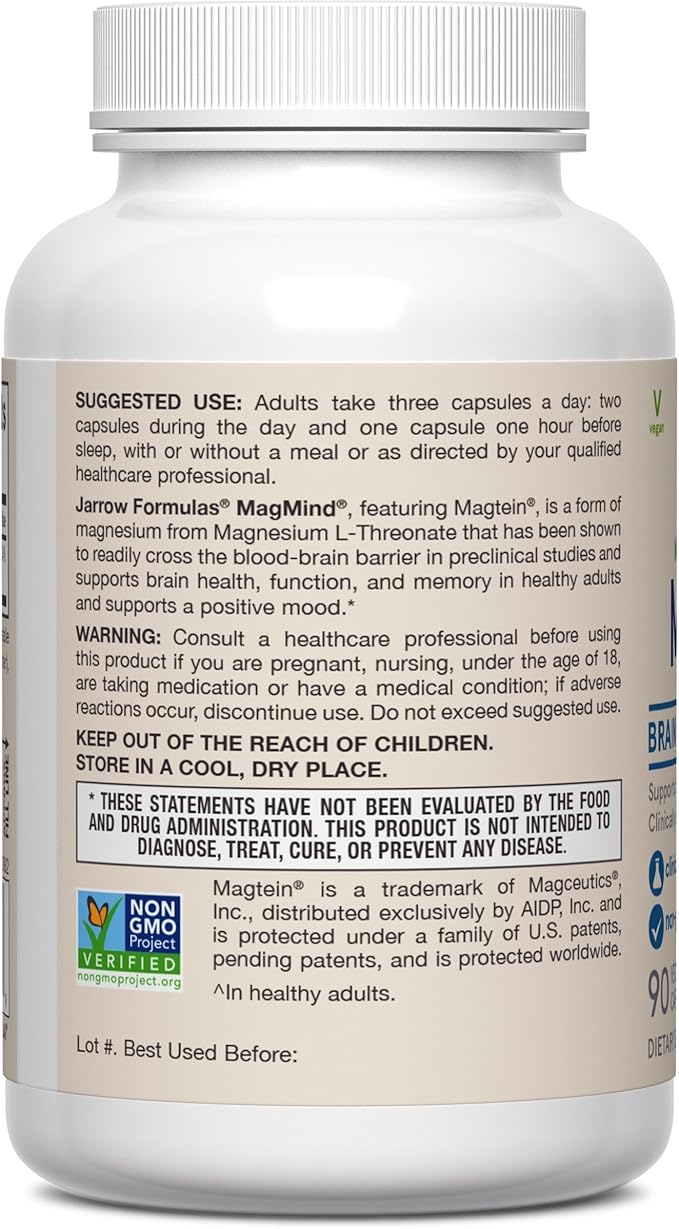 Jarrow Formulas Magnesium L-Threonate, MagMind Brain Supplements for Memory Support, 90 Veggie Capsules, Up to a 30 Day Supply, Pack of 12