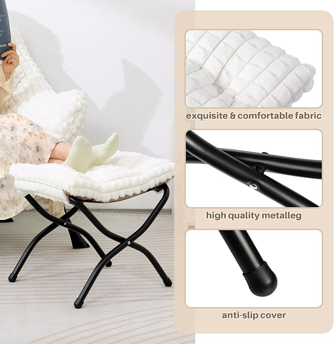 HollyHOME 15"(H) Folding Footrest Stool, Upholstered Small Foldable Ottoman, Accent Padded Sofa Foot Stool for Lazy Chair, Metal Portable Foot Rest Ottoman for Living Room, Bedroom, Faux-Fur White