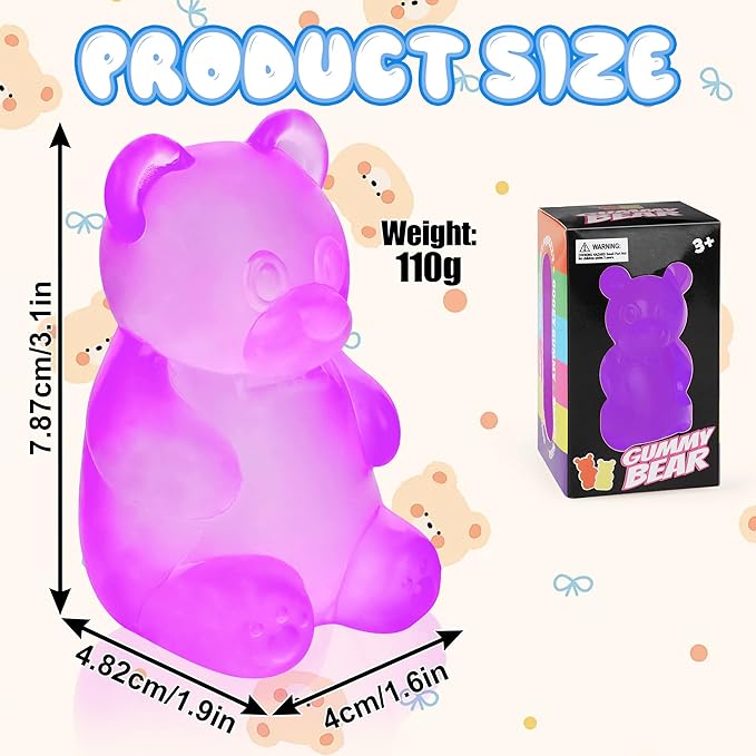 4 Pack Gummy Bear Sensory Fidget Toys - Sugar Filled Squishy Stress Balls for Kids Adults Stress Relief - High Density Squeeze Balls for Anxiety Focus Students Calming