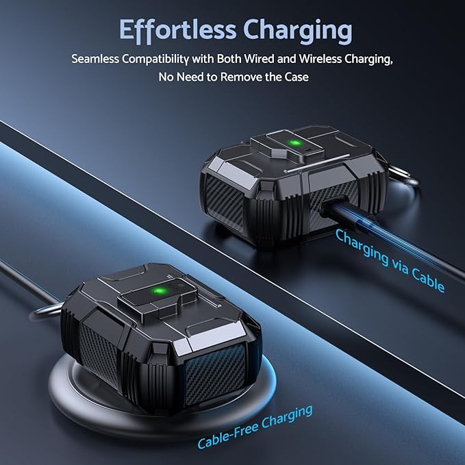 DASFOND Armor Earphone Cover Case for Airpods Pro, Military Grade Full Body Shockproof Protection Hard Case, Support Wireless Charging with Keychain, Magnetic Lid, Front LED Visible, Black