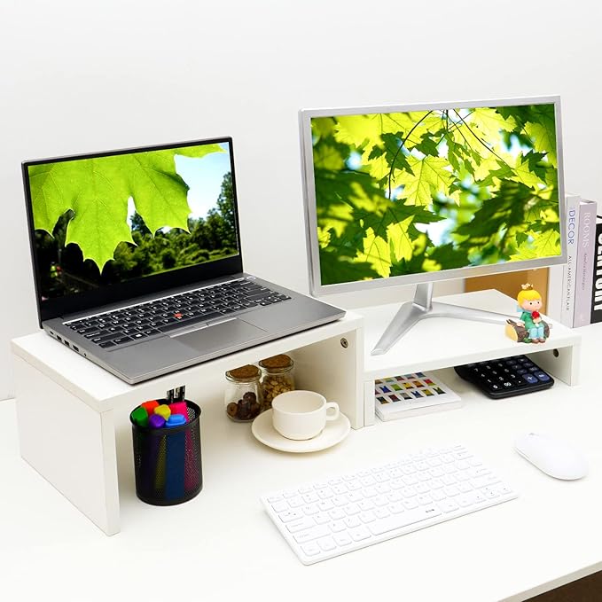 TEAMIX Adjustable White Monitor Stand Riser - 2 Pack, Wood 2 Tier Adjustable Stand for 2 Monitors/Laptop/PC