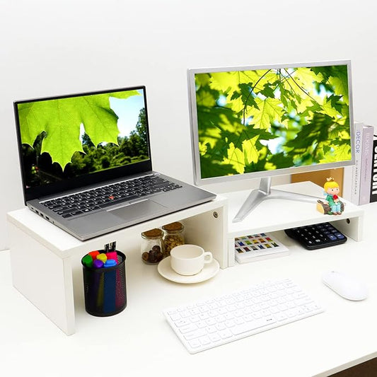 TEAMIX Adjustable White Monitor Stand Riser - 2 Pack, Wood 2 Tier Adjustable Stand for 2 Monitors/Laptop/PC