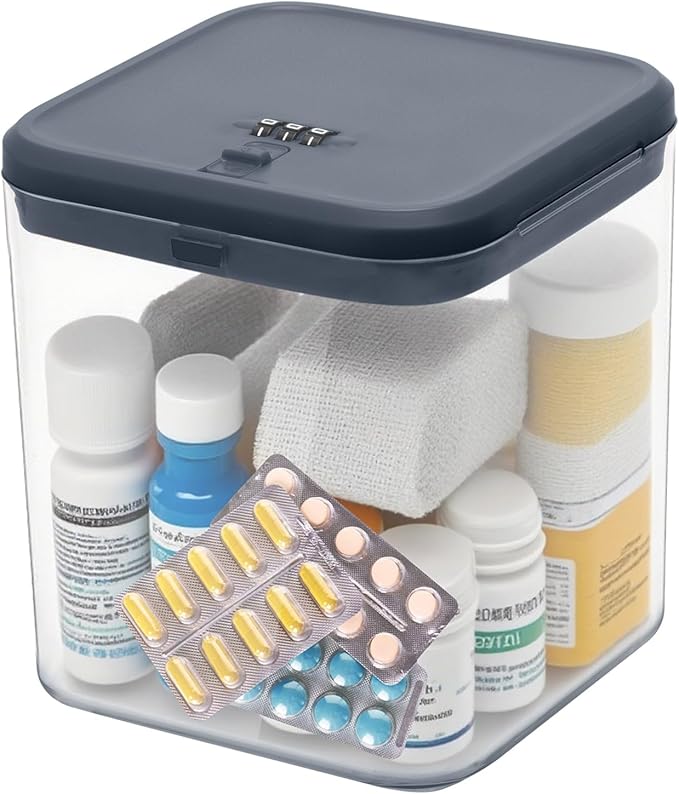 iBune Medication Lock Box, Small Lock Box, Childproof Medicine Lockbox, Lockable Storage Box for Pill Organizer/Medicine Safe/Phone/Refrigerator/Personal Items/Dorm, 5.6’’x 5.6’’x 6.3’’