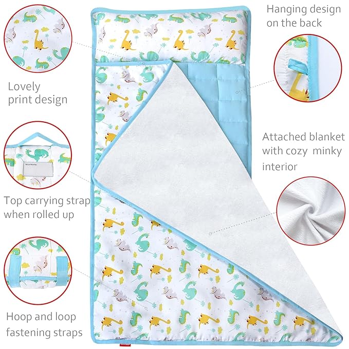 Moonsea Nap Mat for Toddlers Dinosaur and Fleece Minky Blanket, Lightweight Perfect for Kids Preschool, Daycare, Travel Sleeping Bag Boys Girls, 21" x 50" Fit on a Standard Cot