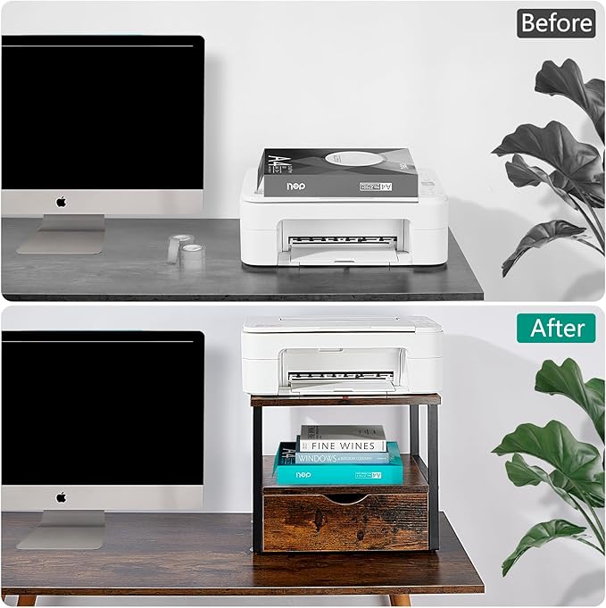 2 Tier Desktop Printer Stand,Printer Stand with Drawers,Printer Shelf for Top of Desk ，Multi-Purpose Desk Organizer for Home Office, Fit Fax Machine, Scanner,Rustic Brown