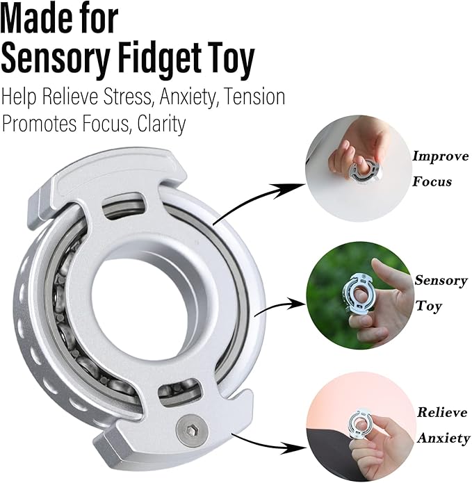 FREELOVE Ring Fidget Spinner for Adults, Men Finger Haptic Roller, Small Metal Clicker Toys, Ball Bearing, Black Fingears Spinning EDC for Anxiety Stress, Silver