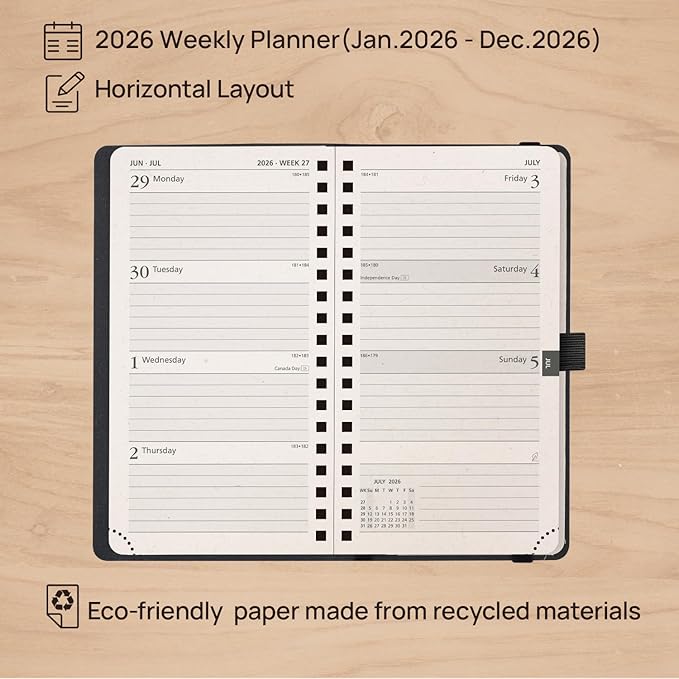 POPRUN 2026 Recycled Weekly Planner 12 Months Pocket Size (3.5'' x 6.5'') - Spiral Calendar Weekly and Monthly for Purse, with Italian Regenrated Leather, Pen Holder - Desert Brown