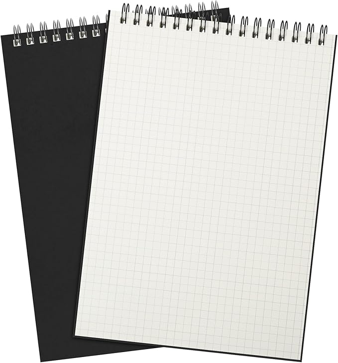 2 Pack Graph Paper Spiral Notepad A5 Top Wirebound Notepad Grid Notebook Steno Pads Memo Notebook Grid Paper 140 Pages for Writing Sketching Drawing Office Supplies (Black)