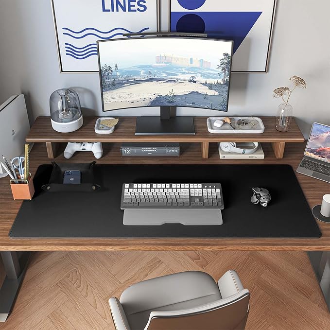 DAWNTREES Dual Sided Desk Mat,Leather Desk Pad,47.2''x15.8'',Cork Desk Mat Protector,with PU Leather Valet Tray Organizer,Large Mouse Pad,Desk Writing Pad for Office and Home(Black)