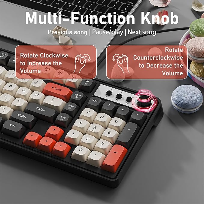 EWEADN G98 RGB Gaming Keyboard Wired, Retro Creamy Membrane Keyboards with Media Knob, Number Pad RGB Backlit, 98 Keys Quite Membrane Computer Keyboard for MAC Xbox PC Gamer -Black&White