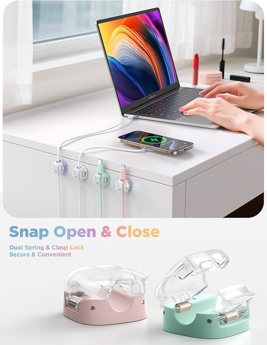 Cable Clips, Cord Organizer 8Pack Multicolor [Dual Spring & Clasp Lock] Under Desk Cable Management, Adhesive Cable Clips Wire Organizer Charger Cord Holder for Nightstand Office Car Desk Organization