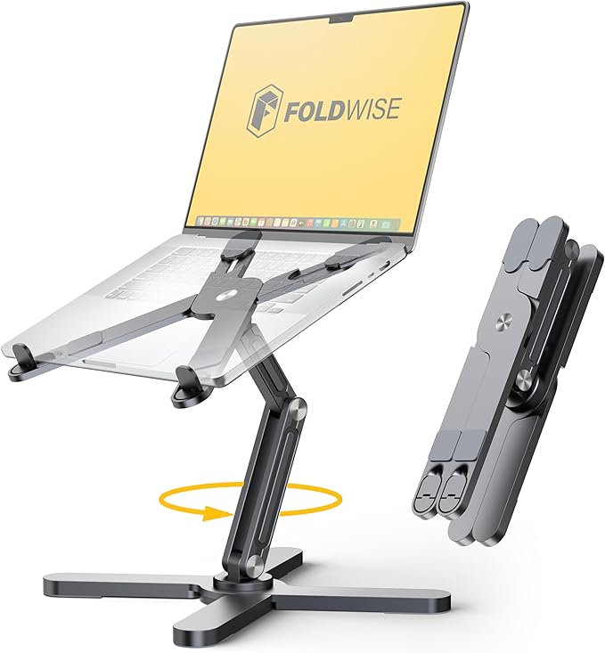 FoldWise X Premium Laptop Stand for Desk - 100% Aluminum, Portable & 360° Rotating - Adjustable Height & Angles Laptop Riser - Sturdy & Foldable MacBook Stand Compatible with All 11-18” Devices
