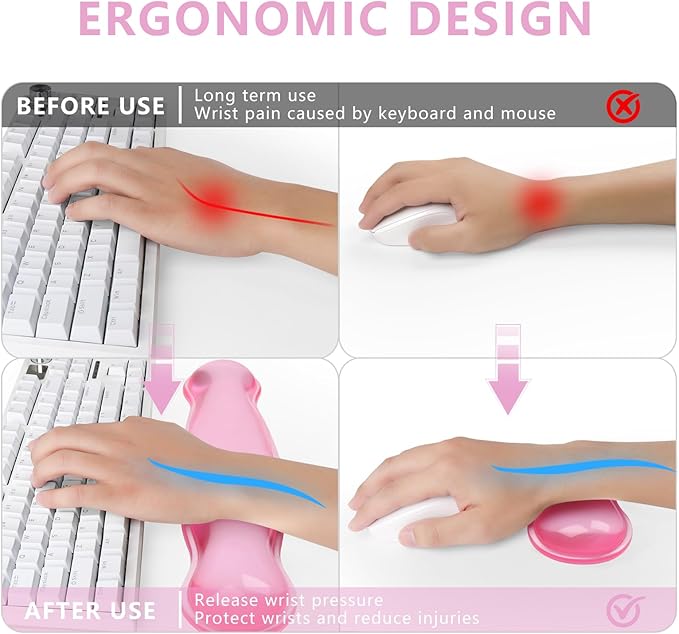 Gel Keyboard and Mouse Wrist Rest, Cute Wrist Support and Arm Support Keyboard Rest for Keyboard and Mouse Typing Pain Relief，Suitable for Office/Computer/Laptop/Gaming (Transparent Pink Set)