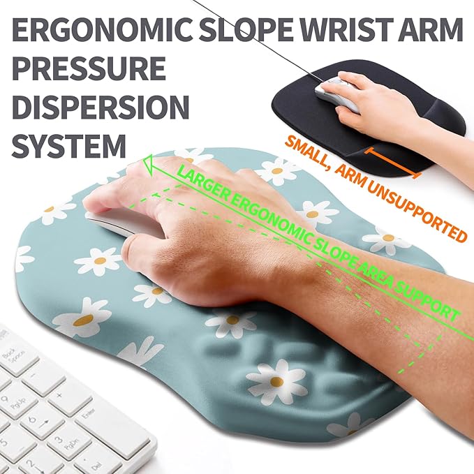 Ergonomic Slope Mouse Pad Wrist Support, Wrist Rest Mousepad for Carpal Tunnel Pain Relief with Massage Bulge and Slow Rebound Memory Foam (12x8 inch, White Flowers)