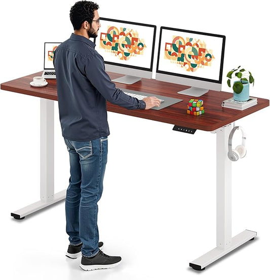 SANODESK Electric Standing Desk 60 x 24 Inches Whole-Piece Desktop Height Adjustable Stand Up Desk w/6-Button Controller Ergonomic Computer Desk for Home Office, White Frame + Mahogany Tabletop