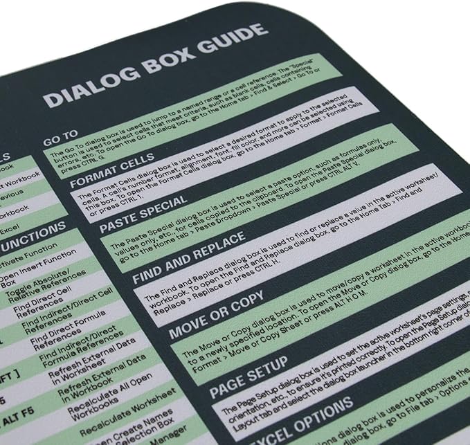 Excel Dictionary Excel Cheat Sheet Desk Pad - Over 60 Functions & 140 Hotkey Shortcuts, Vegan Leather, Waterproof, Fade-Resistant, 23" x 11" Excel Cheat Sheet Desk Mat for PC