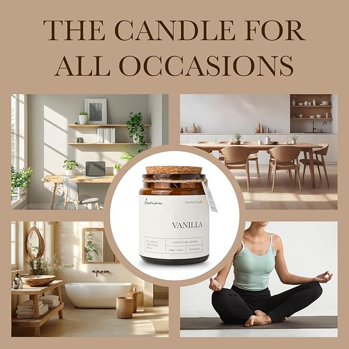 Scented Candle, 7.05 oz Vanilla Aromatherapy Candle, Natural Soy Wax with Wooden Wick, Candles for Home Scented, Stress Relief Amber Jar Candle Gifts