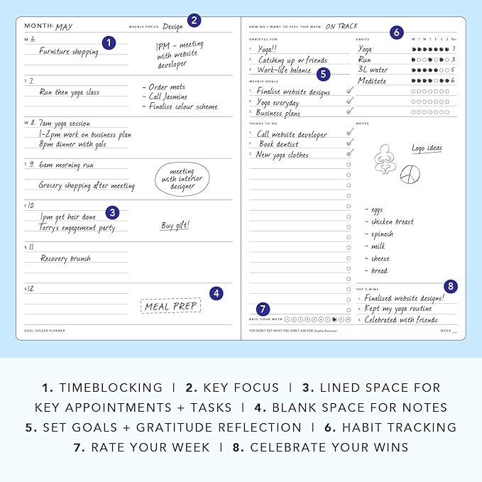 Mi Goals Undated 12 Month Goal Digger Weekly Planner - Reinforce Positive Habits, Practice Gratitude and Encourage Mindfulness - 280 Page Undated Planner and Journal, Blue B5 (‎6.9 x 9.8 Inches)