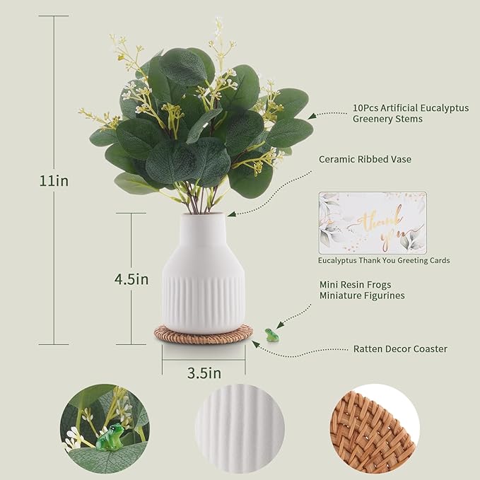 Artificial Eucalyptus Greenery Stems in Ceramic Vase,10Pcs Fake Plants Eucalyptus Leaves faux Plants for Centerpiece Table Decorations Home Room Decor office desk decor Greenery Decor indoor (White)