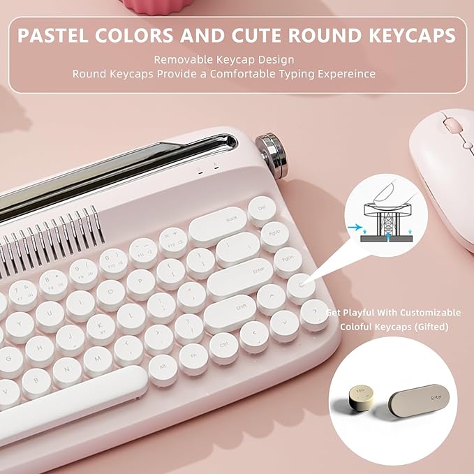 YUNZII Upgraded Wireless Typewriter Keyboard, Retro Aesthetic with Integrated Stand,Cute Round Keycaps, USB-C/Bluetooth Connection for Table, Phone, PC and Win/Mac/Android (B307, Baby Pink)