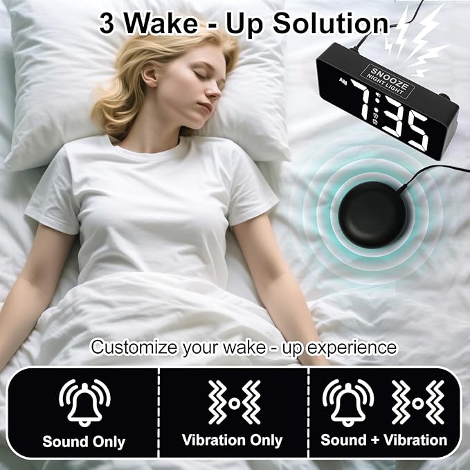 Alarm Clock for Bedroom Heavy Sleepers with Bed Shaker & Night Light-Vibrating Digital Clock Large Dimmable LED Digits with Dual Alarm & Charging Port Table Desk Clock for Hearing Impaired Seniors