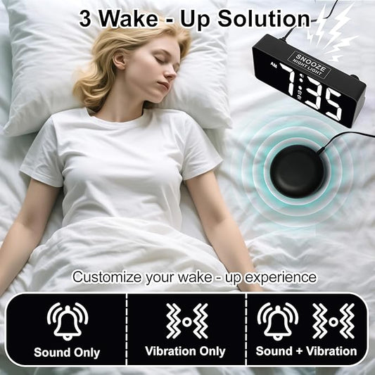 Alarm Clock for Bedroom Heavy Sleepers with Bed Shaker & Night Light-Vibrating Digital Clock Large Dimmable LED Digits with Dual Alarm & Charging Port Table Desk Clock for Hearing Impaired Seniors