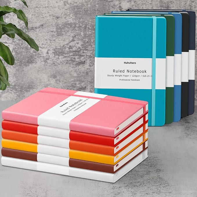 Huhuhero Lined Journal Notebooks for Work, Hardcover Leather Journals for Writing Women Men, 120Gsm Thick Paper College Ruled Notebook, Office School Supplies, 5.25"×8.25" (1, Matte Black)