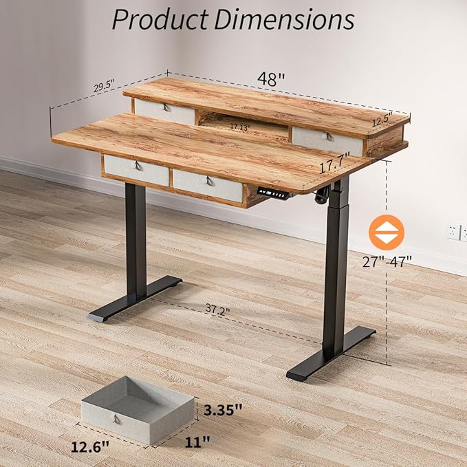 Standing Desk with Fast Charging USB Ports, 48" x 30" Height Adjustable Home Office & Gaming Desk, Sit Stand Desk with Built-in Storage Shelf, Hook & Ergonomic Design(Light Rustic)