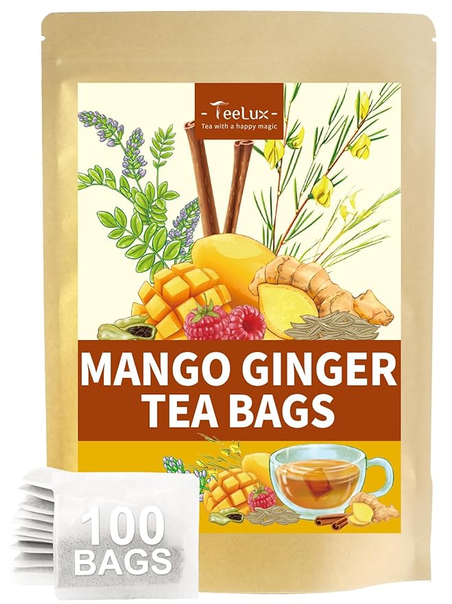 TeeLux Mango Ginger Tea, Zesty Ginger Root & Warm Cinnamon & Sweet Spices Blend, Caffeine Free, Aromatic & Flavorful, 100 Count