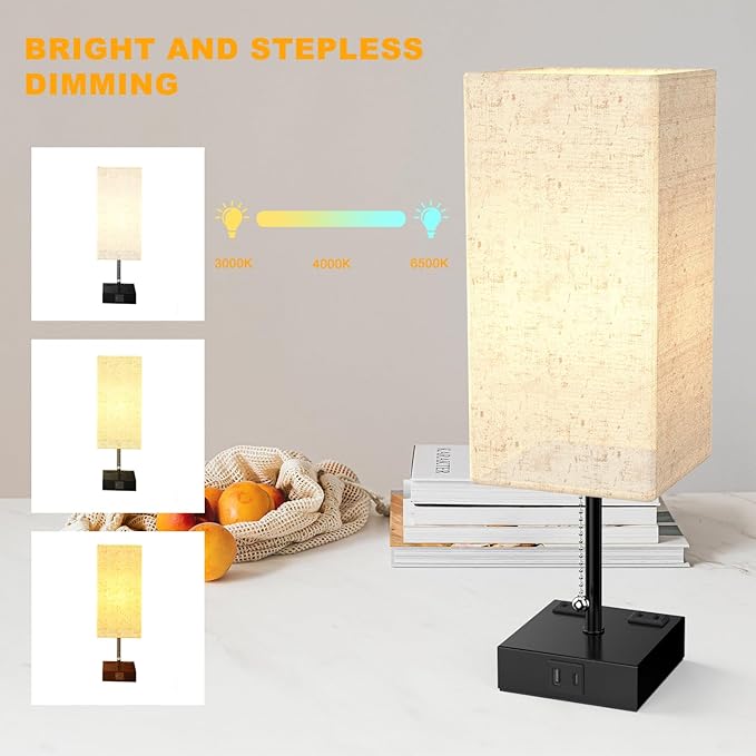 Table Lamp for Bedroom with USB,Bedside Lamp with USB C+A Charging Ports,Adjustable 3color LED Light for Home Decor/Nightstand/Office,Included Bulb and Fabric Lamp Shade (Linen White, 1PCS)