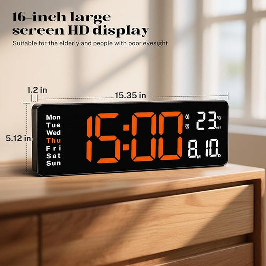 16" Large Digital Clock for Classroom, Digital Wall Clocks with Remote Control, Led Wall Clock with Date, Week, Alarm, Temperature, Night Light for Living Room, Bedroom, Gym, Garage, Office