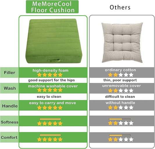 MeMoreCool Square Floor Pillow Seating for Adults Kids, Large Meditation Cushion Floor Pillow with Thick Foam & Soft Tufted Cover, Washable Big Pillow Seat Floor Cushion for Sitting Yoga 22" Green