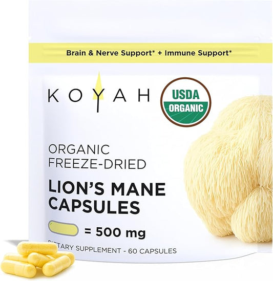 KOYAH Organic Lion's Mane Capsules - USA Grown, 100% Fruiting Body, Freeze-Dried, 3rd Party Tested for Beta-Glucans, 500 mg, Non-GMO, Vegan. Brain & Nerve Support. Immune Support. 60 Capsules