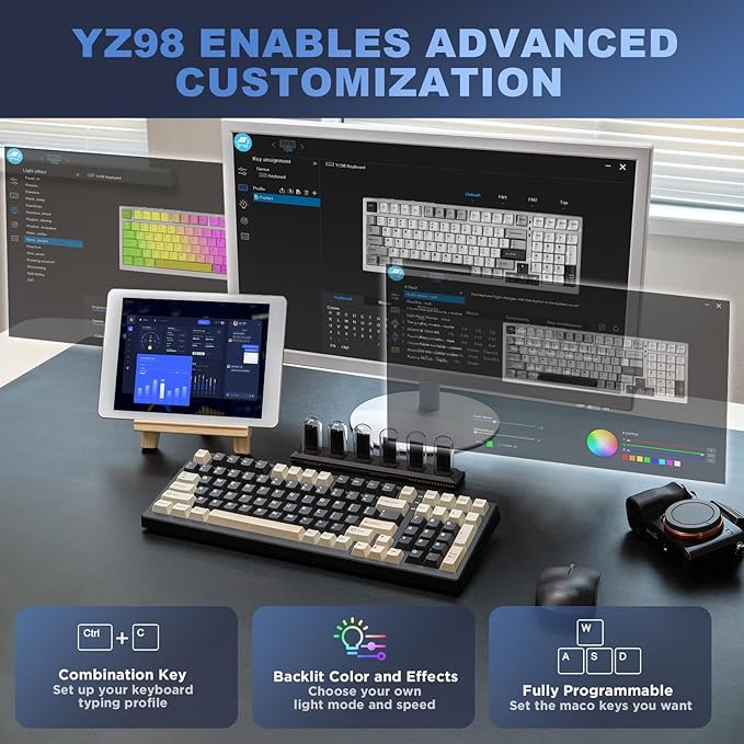 YUNZII YZ98 Gasket Mechanical Keyboard,99 Key Hot Swappable BT5.0/2.4G/USB-C Wireless NKRO 98% 1800 Layout with RGB LED Backlit for Linux/Win/Mac(Black, Cocoa Cream V2 Switch)