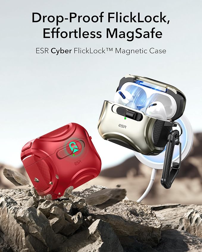 ESR for AirPods Pro 2 Case (2023/2022/2019, 2nd/1st Gen), Compatible with AirPods Pro 2nd Generation (USB-C/Lightning Cable), Effortless MagSafe, Drop-Proof Lock, Easy Open, Cyber Series,Dark Red