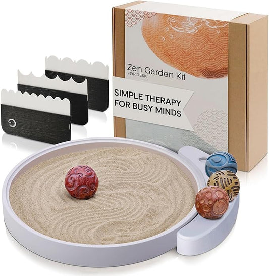 ENSO Japanese Zen Garden Kit for Desk - Inori Premium Sand Garden Gift Set for Meditation Therapy - Mini Zen Décor Office Desktop Accessories - Solid Wood Tray, 4 Hand Crafted Spheres & Custom Holder